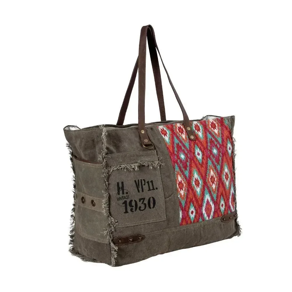 Myra Bag Handmade High Trails Weekender Bag Upcycled Canvas & Cowhide Leather